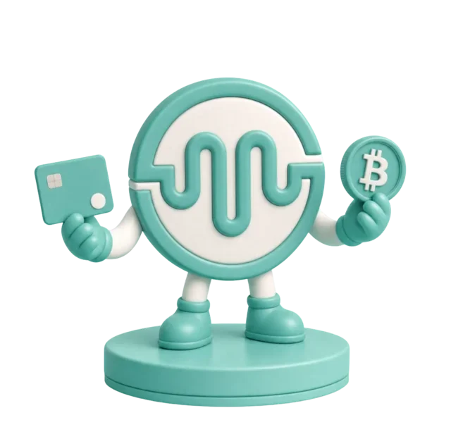 MNEE app mascot holding a debit card and a bitcoin coin